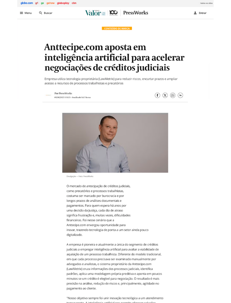 Anttecipe.com pioneira na analise com IA inteligencia artificial para compra de processos trabalhistas.